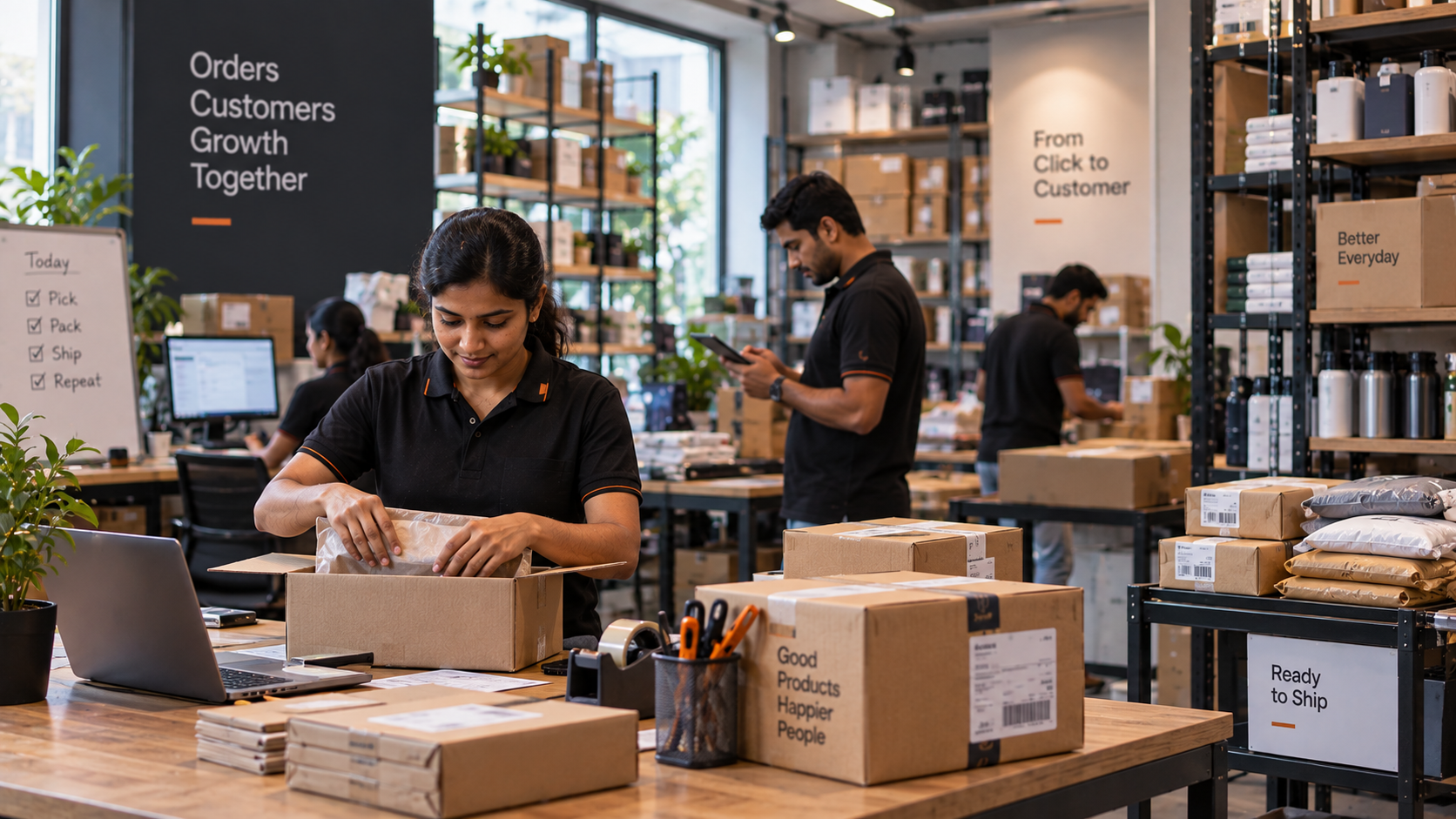 A fulfilment team packing customer orders among shelves and parcels.