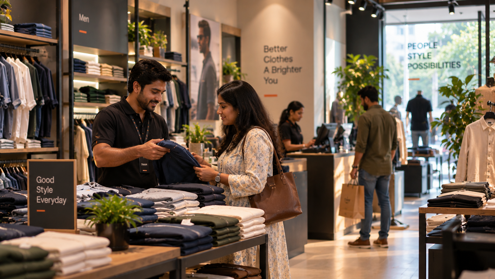 A shop employee helping a customer choose clothes in a retail store.