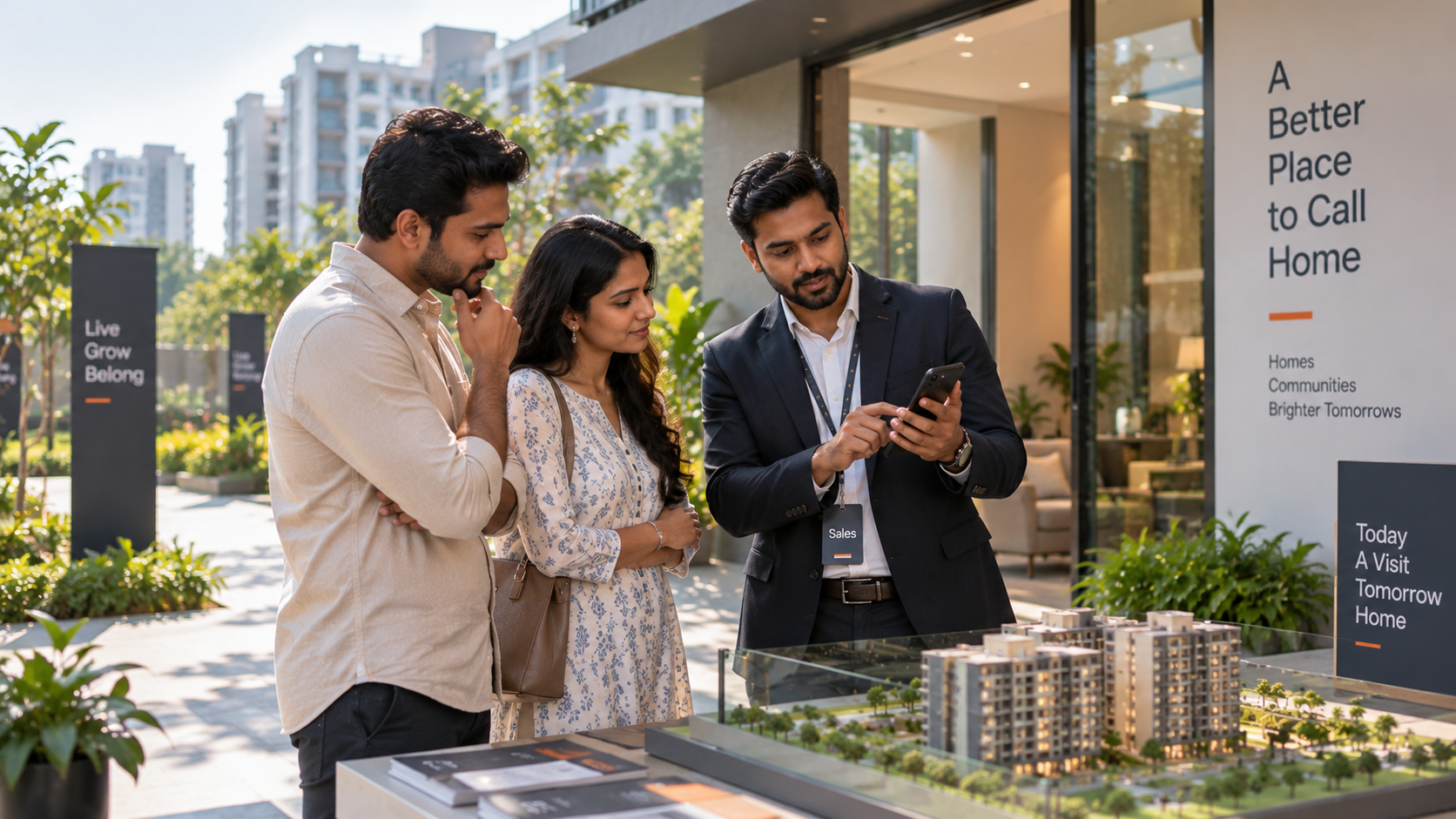 A property sales agent showing a couple information on a phone beside a building model.