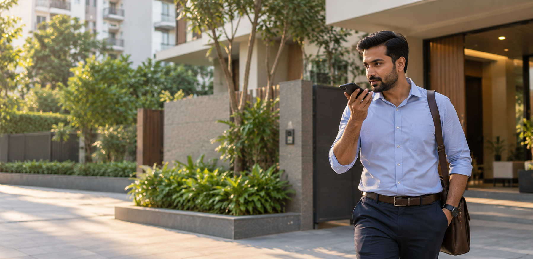A salesperson speaking into a phone outside a building after a customer visit.