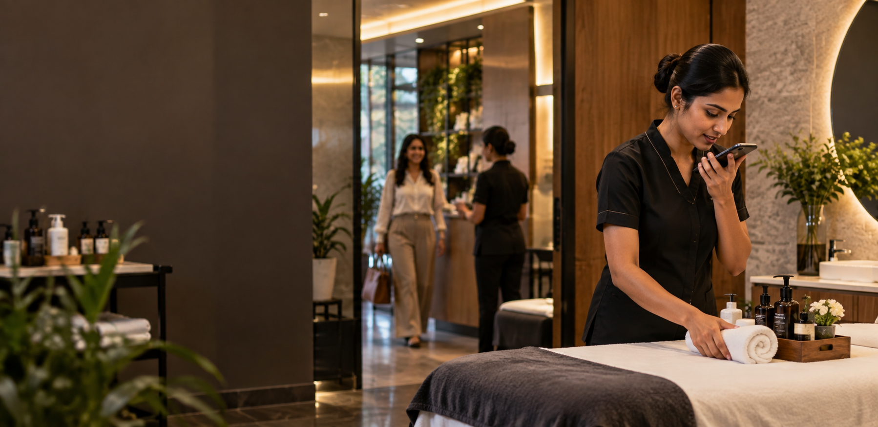 A staff member using her phone while preparing a service area, with an arriving customer in the background.
