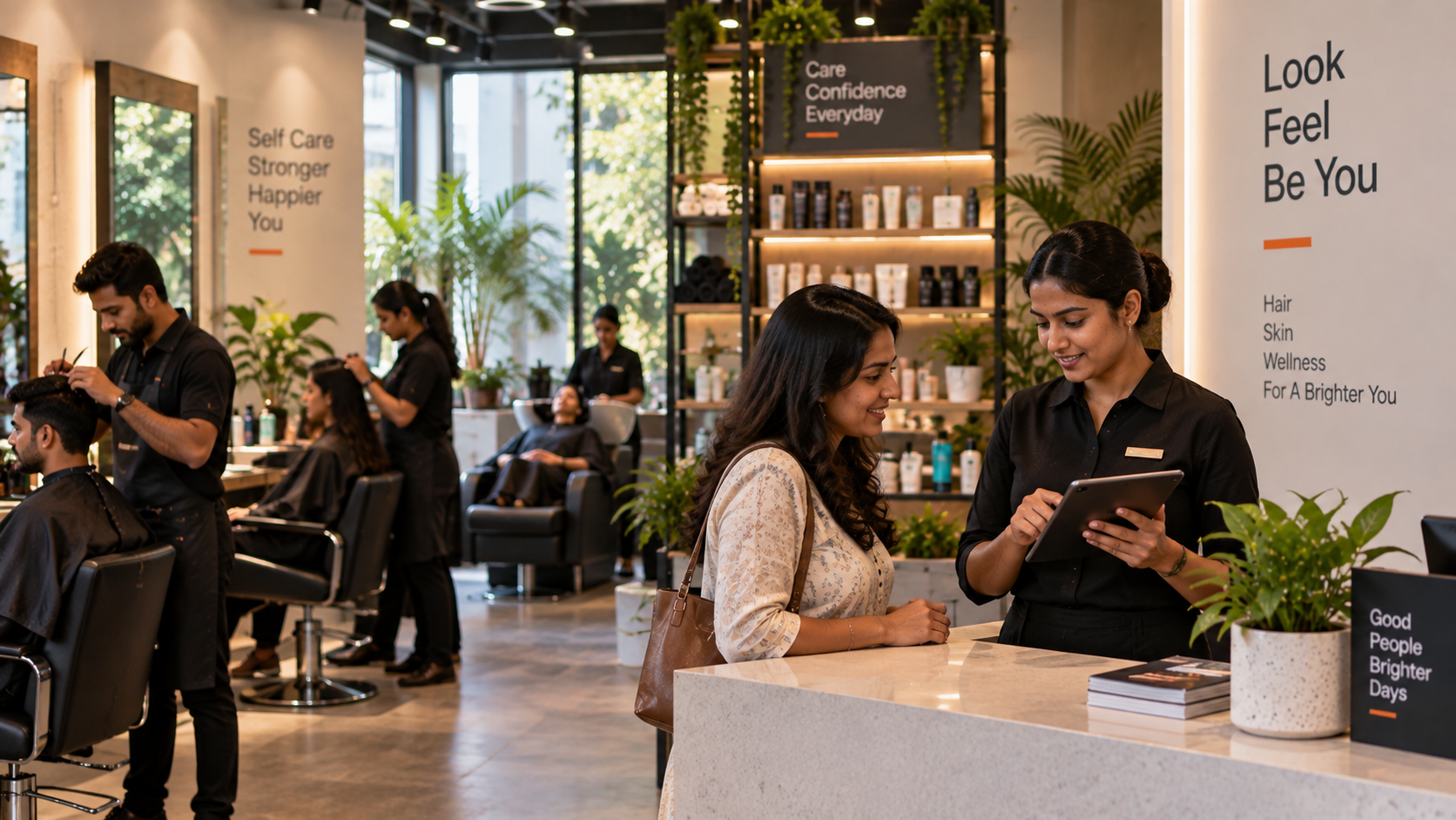 A salon employee assisting a customer at reception while colleagues work nearby.