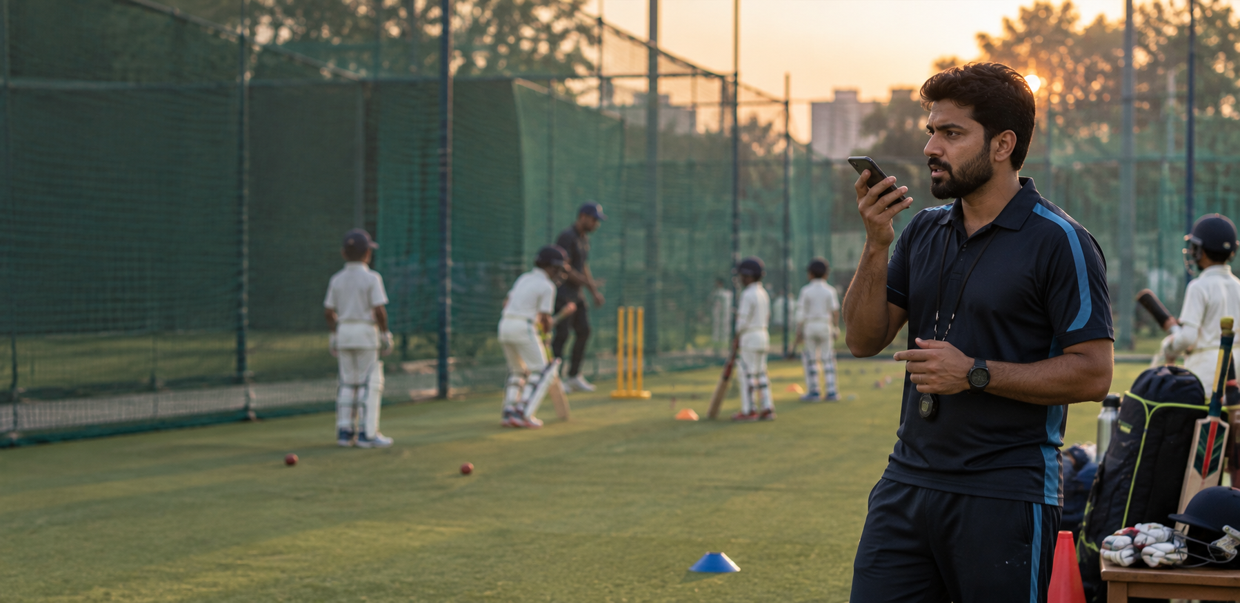 A coach speaking into a phone beside cricket nets while students continue practicing.
