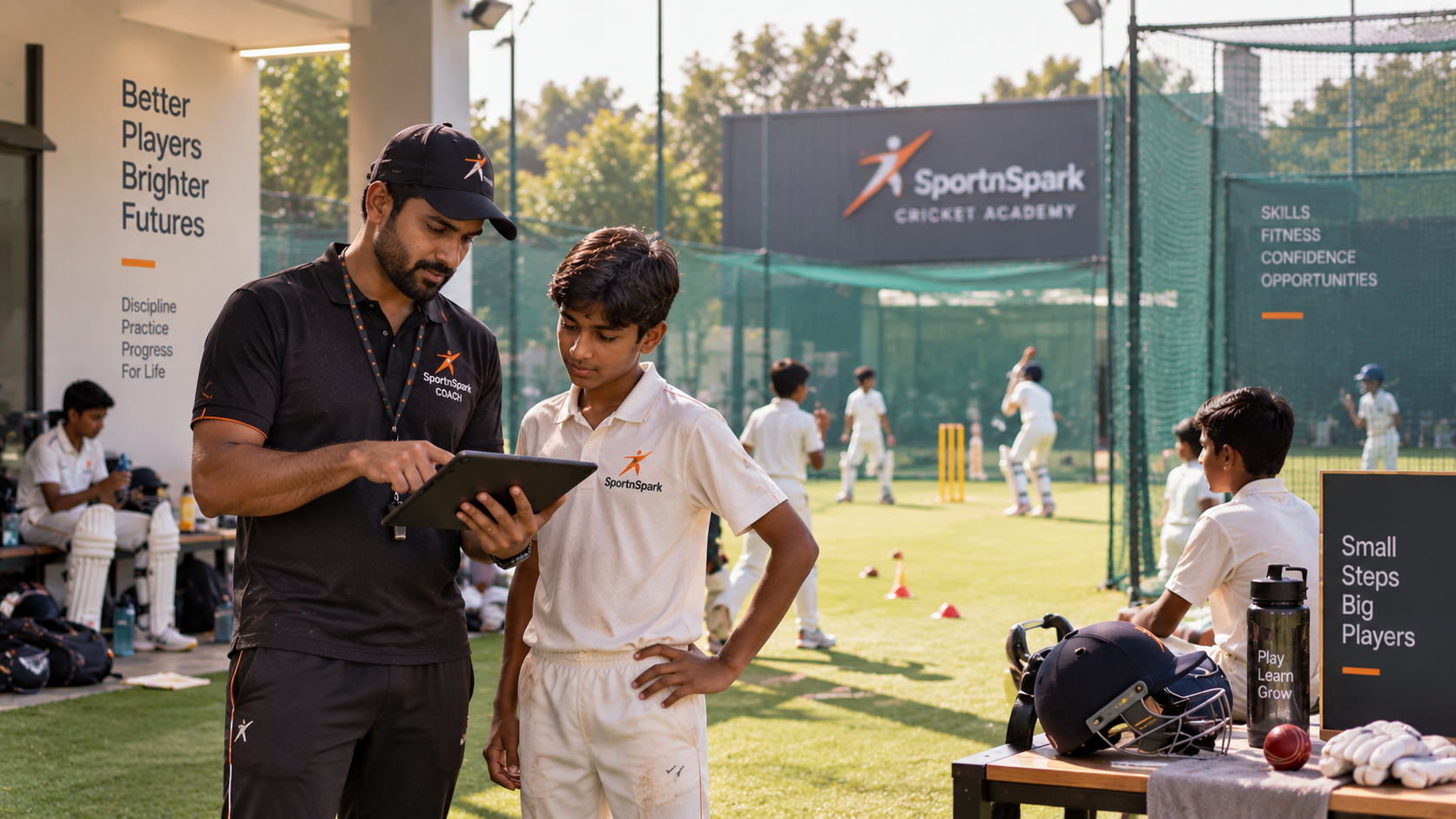 A cricket coach and student review a tablet beside practice nets.